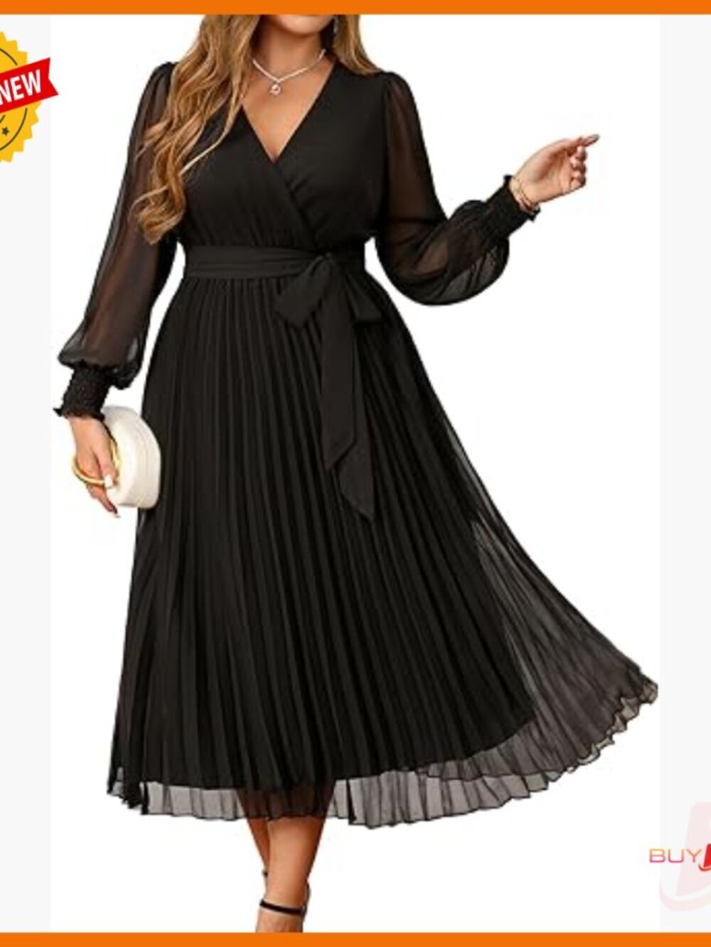 Plus Size Long Sleeve Pleated Midi Dress for Wedding Guest Semi Formal